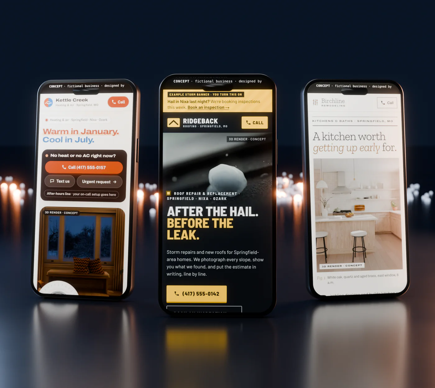 Three phones showing concept websites for a roofer, an HVAC company and a kitchen remodeler, in front of a field of lights that stand for the 707 Springfield businesses we studied.