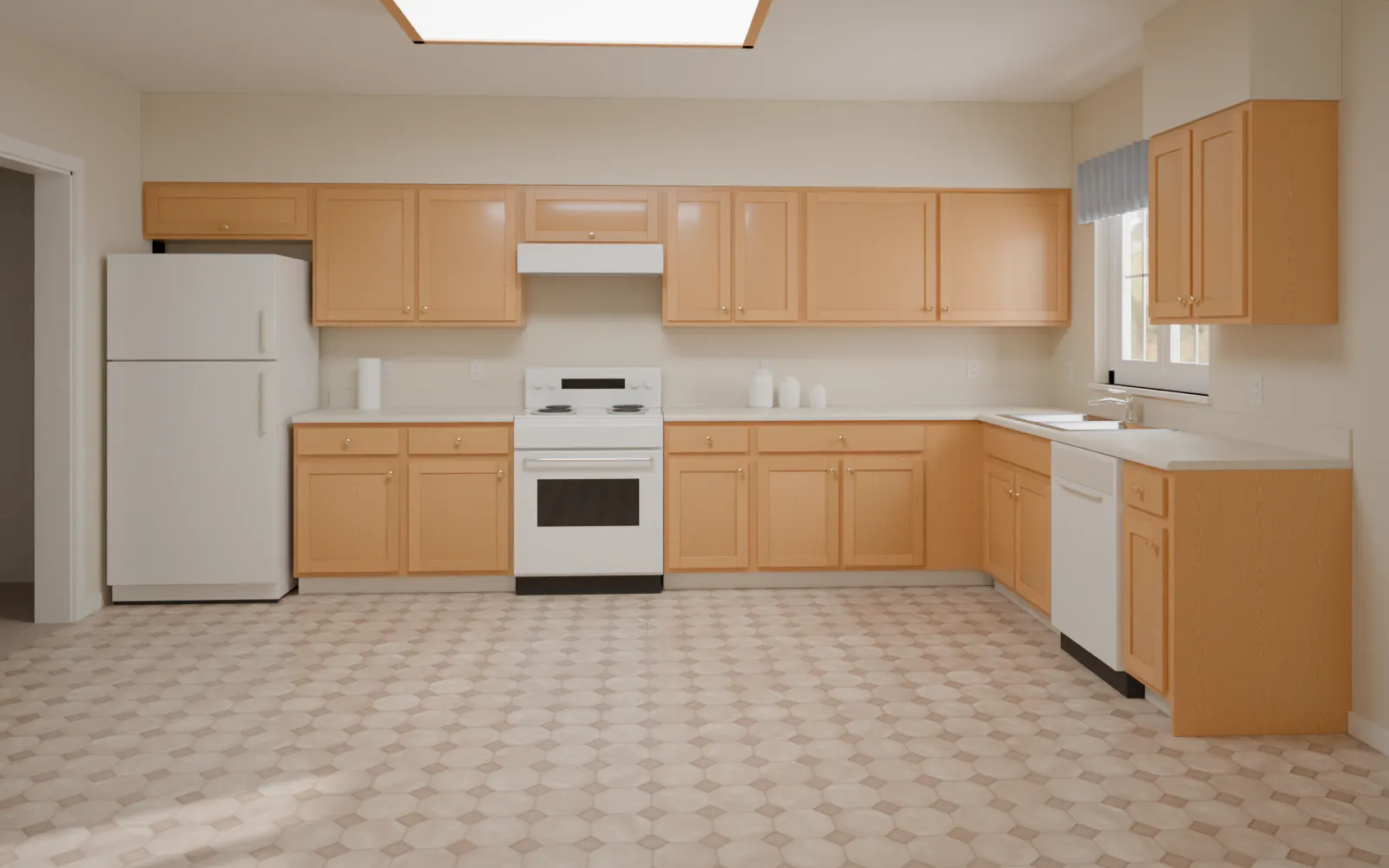 3D render, before: a dated kitchen with honey-oak cabinets and laminate counters