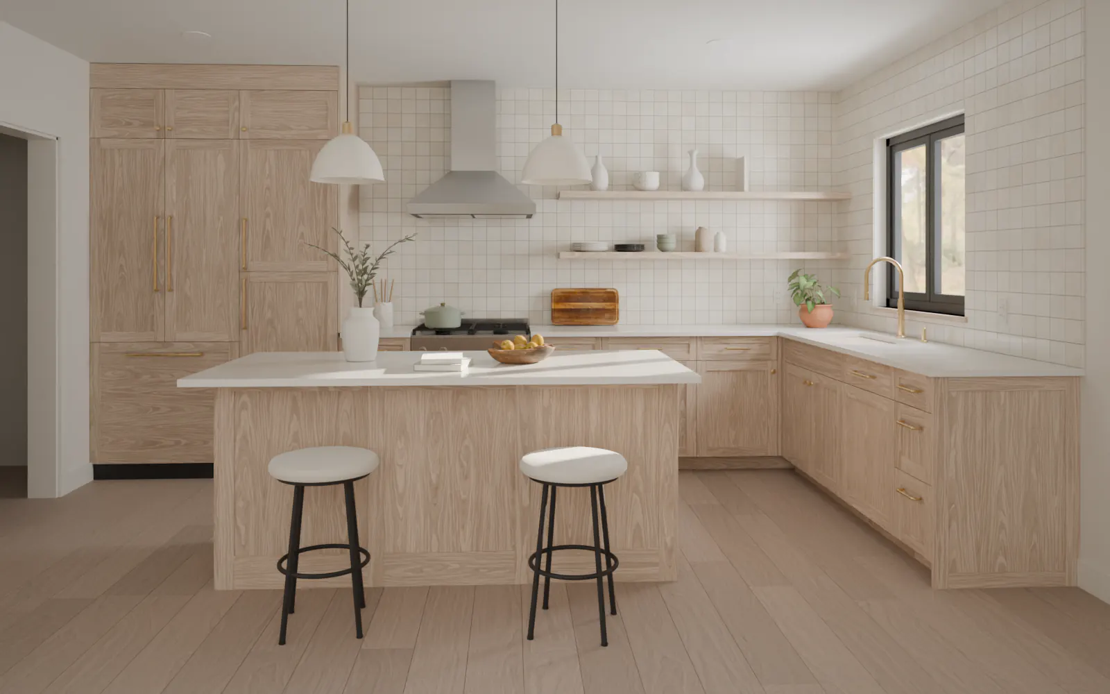 3D render: a white oak kitchen with an island, quartz counters, brass pulls and zellige tile, in soft morning light