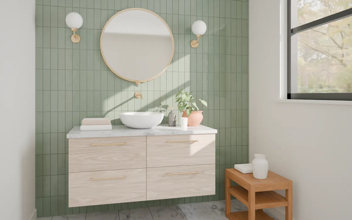 3D render in a sample slot: a bathroom with a floating white oak vanity, a white vessel basin, a round brass mirror and green tile in morning light