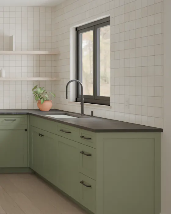 3D render in a sample slot: a close crop of a sage sink run with soapstone and a matte black faucet