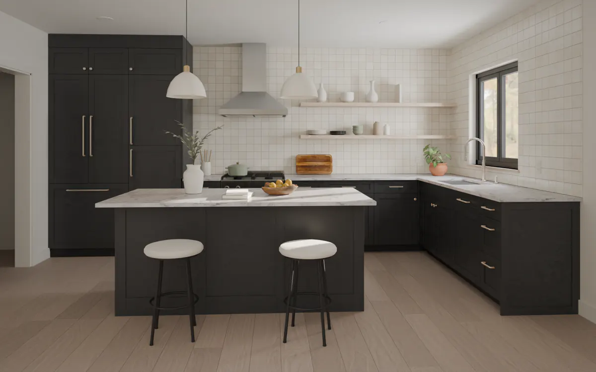 3D render in a sample slot: a kitchen with charcoal cabinets, honed marble counters and brushed nickel pulls