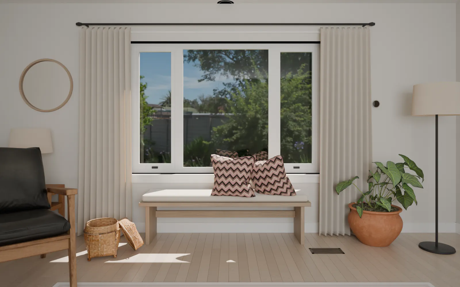 3D render: the same living room on a July afternoon, hard sun through the window, lamps off
