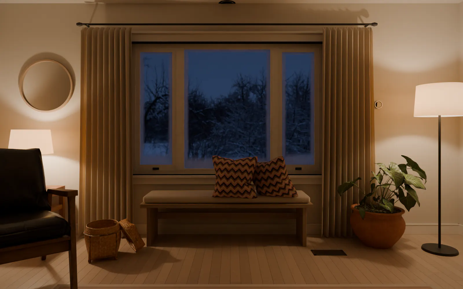 3D render: a living room on a January evening, snow outside the big window, two warm lamps on