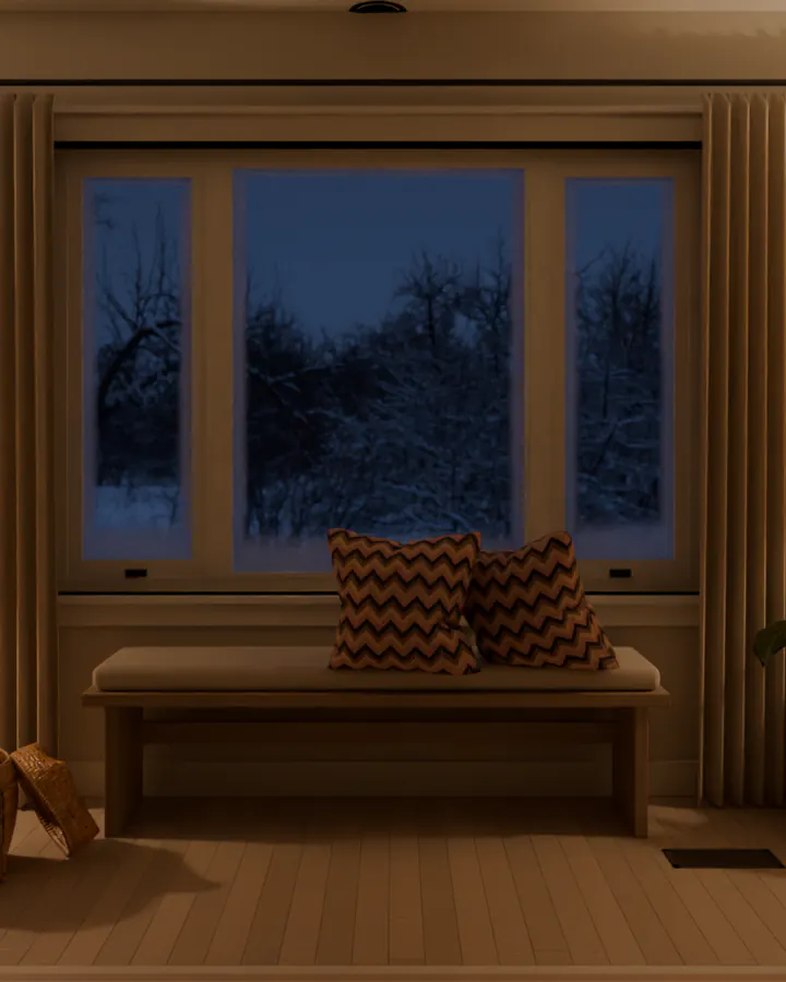 A cozy living room window on a winter night