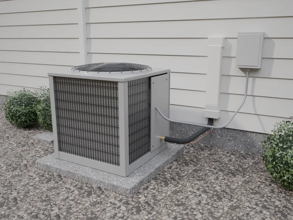 3D render: an outdoor AC condenser on a concrete pad beside a house, its line set and power line running to the wall, boxwoods and river rock around it