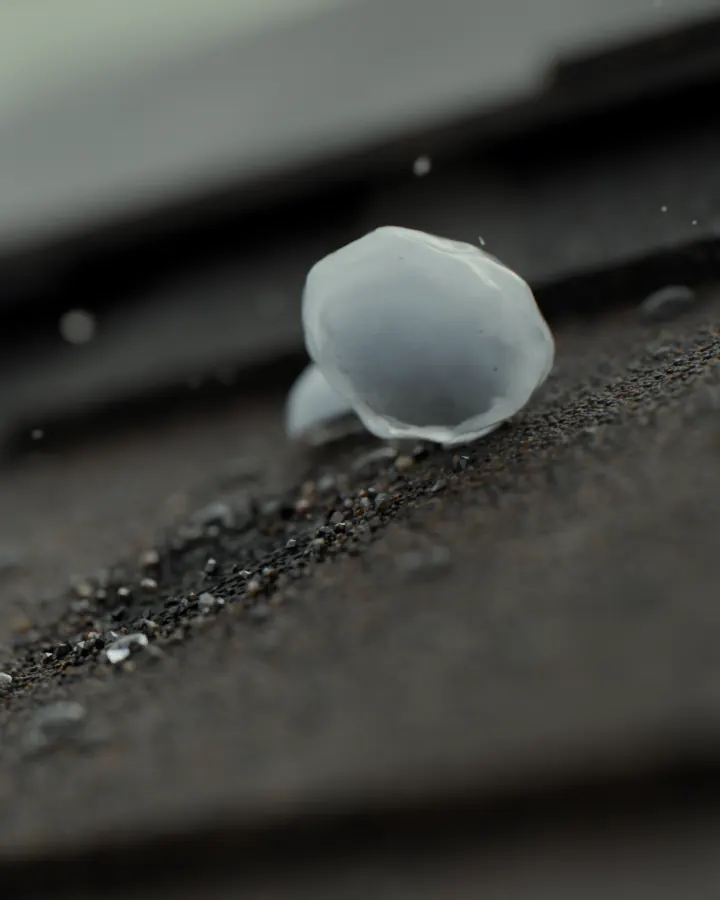 A hailstone resting on dark asphalt shingles